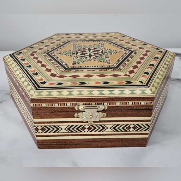 Other - Wooden Mosaic Hexagonal Marquetry Jewelry Box From Spain- NWOT